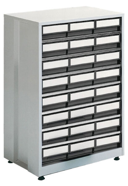 The image shows a straight, square cabinet with several drawers. It has a metallic casing and is in light gray, while the drawer fronts are black and white.