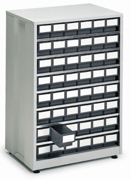 The image shows a compact shelving unit with several small drawers. The drawers are in two shades, gray and black, and have white labels for markings. One drawer is partially open.