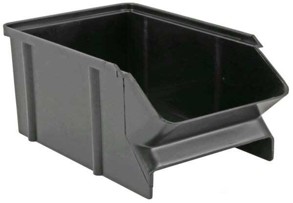 It is a black, rectangular plastic box with a slanted front and an open top. It has straight side walls and a sturdy bottom.