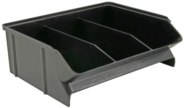 The image shows a dark gray, rectangular plastic container with three compartments. The front is slightly tilted for easy access to the contents.