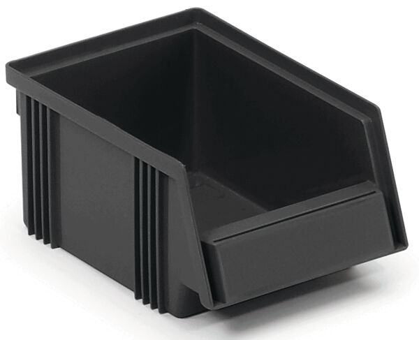 The image shows a rectangular, black plastic tray with a slanted front. It has side grooves and is suitable for storing small parts.