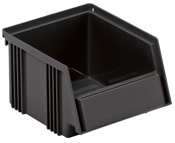 The image shows a black, rectangular container with an open front. It has vertical grooves on the sides and a beveled back. Ideal for storing small items.