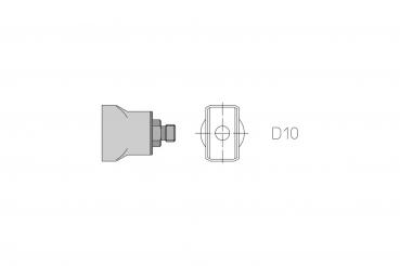 The image displays a technical drawing of a cylindrical component with a screw thread. One view shows the side, the other the top labeled "D10".