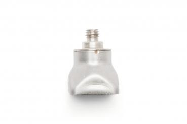 The image depicts a silver-colored lamp socket with a threaded connector on top. The base has a rounded shape and a small hole in the center.