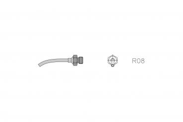 The image shows a simple technical component: a hose with a connection. On the right is a schematic representation of a connection labeled "R08".