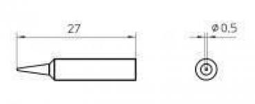 The image displays technical drawings of an object: on the left, an elongated, tapered part with a length of 27 mm, on the right, a top view with a diameter of 0.5 mm.