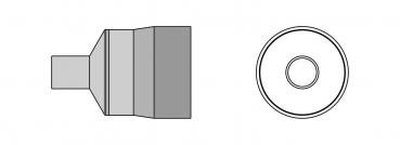 The image shows a technical drawing of a part. On the left is a side view featuring a stepped shape, and on the right is a top view, which is round with an inner hole.