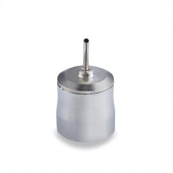 The image shows a small, round metal container with a smooth surface. It has a narrow, long spout in the center, ideal for precise pouring of liquids.