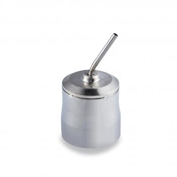 The image shows a shiny, round metal container with a narrow outlet pipe. The container is curved and has a short, straight opening at the top.