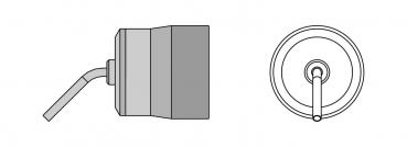 The image shows a simple container with an outlet pipe on the left side. On the right is the top view of the container with a central outlet.