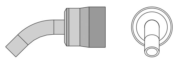 The image shows two parts of a pipe system. On the left is a curved pipe with a cylindrical end, on the right a round outlet valve with an inner cylinder.