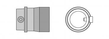 Das Bild zeigt zwei schematische Darstellungen: Links ein quaderförmiges Objekt mit einer Schraube, rechts ein runder, hohler Ring mit einer kleinen Erhebung an der Seite.