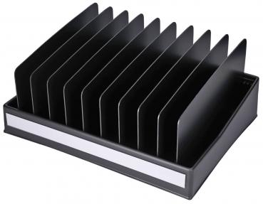 The image shows a black binder with multiple compartments. The compartments are upright and evenly arranged to sort documents. There is a white labeling area at the bottom.