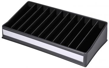 The image shows a black storage tray with multiple compartments arranged in a collection-like manner. It has a flat bottom and a wide front with a white stripe.