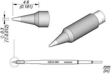 The image displays a technical drawing of a precise pen with a pointed tip. The pen has a cylindrical shape and various views, including dimensions.