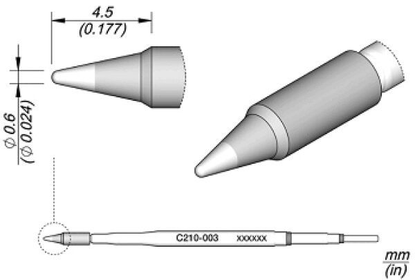 The image shows a technical drawing of a pen with a conical tip. There are views from the side and top. Dimensions are visible, including diameter and length.