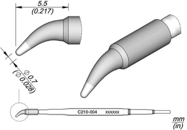 The image displays technical drawings of a tapered tool with a curved end. It includes dimensions and a specific model number. The shapes are clearly defined, with a detailed view.