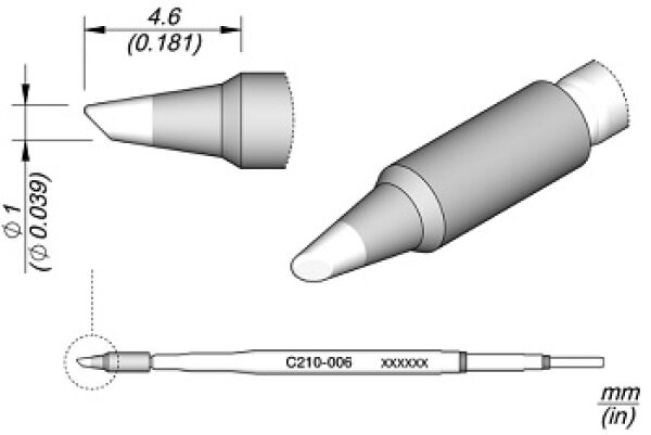 The image shows an elongated, conical tip attached to a narrow body. The tip is bright and round, while the body is slightly thick and grayish. Dimensions are provided.