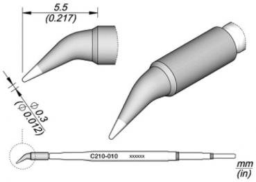 Das Bild zeigt einen technischen Entwurf eines Präzisionswerkzeugs mit einer spitzen Spitze. Maße sind angegeben, darunter Durchmesser und Länge. Es hat eine ergonomische Form für den Handgriff.