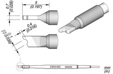 The image displays technical drawings of a tool attachment from multiple perspectives with dimensions. It consists of a cylindrical part and a curved, narrow working surface.