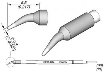 Das Bild zeigt eine technische Zeichnung eines feinen Werkzeugs mit zwei unterschiedlichen Ansichten. Es hat eine konische Spitze und ist in Millimeter und Zoll maßstabstechnisch beschriftet.