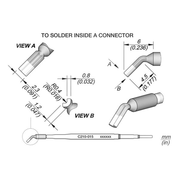 The image displays technical drawings of a soldering tip with dimensions in millimeters. Views A and B show different perspectives of the soldering tip.