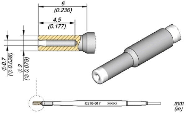 The image displays technical drawings of a cylindrical part with diameters and lengths. It includes views from various sides and a detailed measurement unit in millimeters.