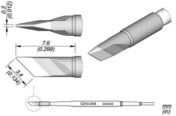 The image displays technical drawings of a tool attachment. It has a pointed shape with straight and angled edges. Dimensions are provided in millimeters and inches.