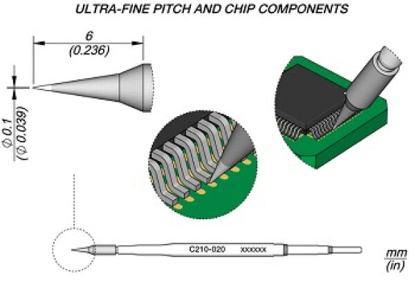 Das Bild zeigt technische Zeichnungen. Oben ist ein spitz zulaufendes Werkzeug, darunter sind enge Leiterbahnen auf einer Platine. Rechts ein Chip mit Lötverbindungen. Unterhalb ein Werkzeug mit Kennzeichnung.