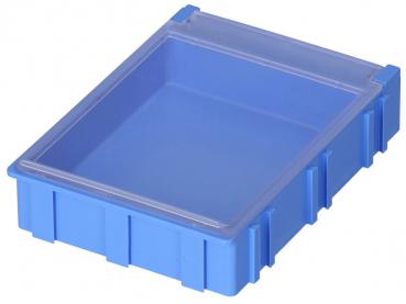 It is a rectangular, flat box made of blue plastic. It has a transparent lid and a textured surface. Ideal for storing small items.