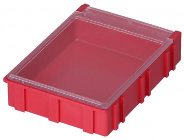 The image shows a rectangular plastic box in bright red, with a transparent lid. The edges are slightly wavy and the box has a flat bottom.