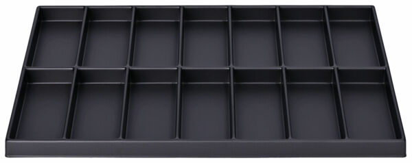 The image displays a black storage unit with several compartments of equal size. There are a total of 16 compartments, arranged in four rows and four columns.