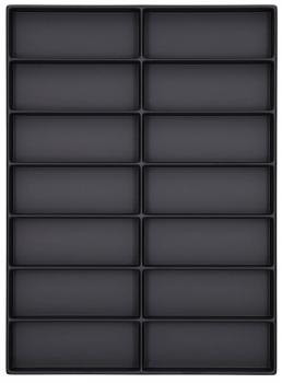 The image shows a rectangular, black tray, divided into 16 equally sized, flat compartments. The compartments are arranged geometrically, with 4 rows and 4 columns.