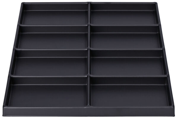 The image shows a black, rectangular tray with ten equally-sized compartments arranged in two rows. The compartments are shallow and suitable for storing small items.