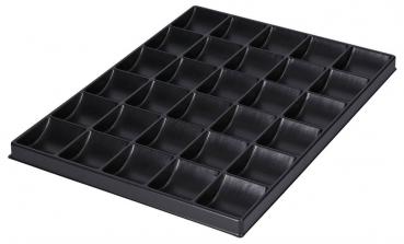 The image shows a flat, rectangular black tray. It has 30 small, angled compartments that are evenly distributed and serve to store items.