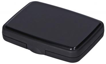 The image displays a rectangular box in shiny black. It has rounded corners and a simple clasp. The surface is smooth and solid-colored.