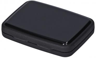 The image shows a smooth, rectangular, black object. It has rounded corners and a slightly curved surface. It could be a small box or a case.