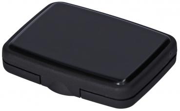 The image shows a black, rectangular case. It has rounded corners, a smooth surface, and a small scored edge in the middle that can be opened. It appears simple and compact.