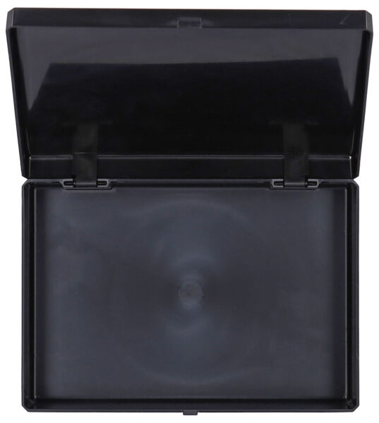 The image shows a black, open box with a flat bottom. The lid is on top and the inside has a smooth, dark surface with a slightly swirling pattern.