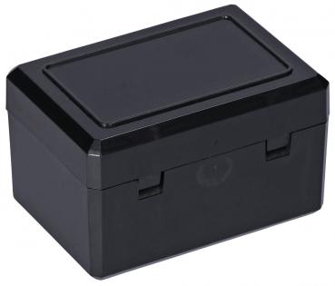 The image shows a rectangular, black plastic box with smooth, slightly glossy surfaces. The box has a flat lid and two side latches.