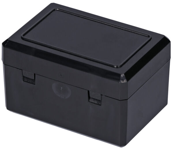 The image shows a rectangular, black plastic box with a smooth lid. It has side clasps and a simple, modern shape. It appears sturdy and functional.