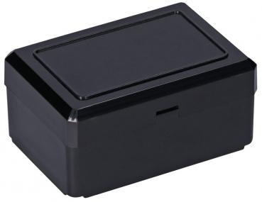 It is a rectangular, simple, black box with rounded corners. The lid is flat and the surface is smooth. It appears sturdy and neutral.