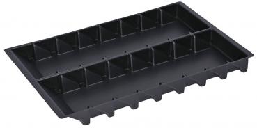 The image displays a rectangular, flat tray made of black plastic. It features several small, triangular compartments for storing items. The compartments are evenly arranged.