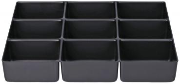 The image shows a black plastic organizer with nine square compartments, arranged in three rows and three columns. The compartments have straight edges and are uniform.