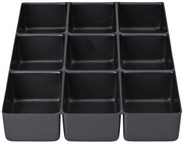 The image shows a black organizer with twelve square compartments arranged in three rows and four columns. Each compartment is of the same size and depth.