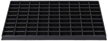 The image shows a black plastic tray with 48 uniform, rectangular compartments. The compartments are arranged in a grid and are used for storing small items.