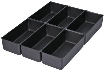 The image shows a black storage tray divided into six rectangular compartments. The compartments are equally sized and flat, ideal for organizing small items.