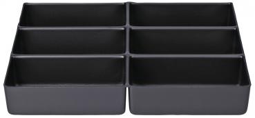 The image displays a black tray with six equally sized, rectangular compartments. The compartments are flat and textured. Suitable for organizing small items.