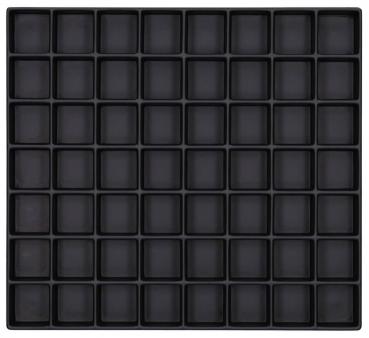 The image displays a rectangular grid with 64 small, uniform black squares, arranged in 8 rows and 8 columns. The background is also black.