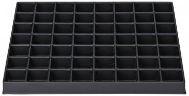 The image shows a black, flat plastic tray with 56 equally-sized square compartments. The compartments are neatly arranged and provide space for various objects.